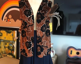 1960s Vintage Hippie Black Brown Velour Carpet Bagger Vest