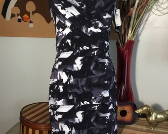 Adrianna Papell 2000s Dress Deadstock Black White V Neck Cocktail Evening Gown