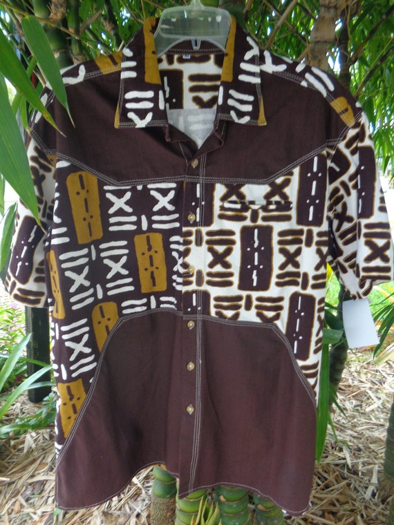 1960's Tiki Print Short Sleeve Shirt Men's Brown … - image 6