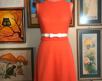 1970s Judy Wa 2 Piece Dress Orange Polyester Knit Jacket Set Mod