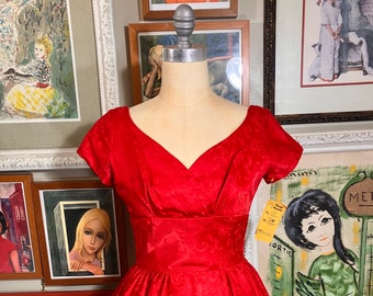 1950's Red Brocade Taffeta Party Dress