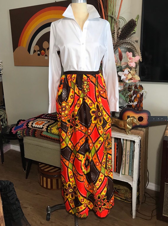 1970s Psychedelic Barkcloth handmade Maxi Skirt - image 2
