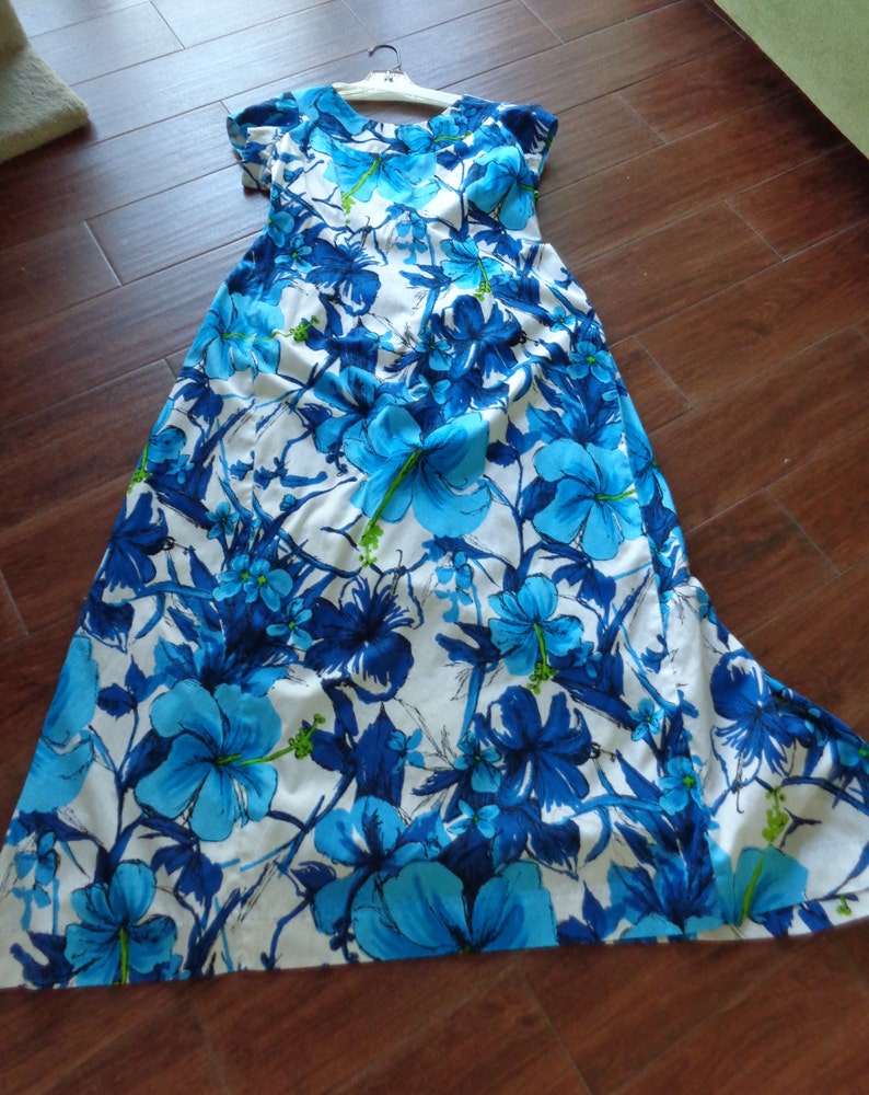 Royal Hawaiian 1960/'s Blue Hawaiian Print Barkcloth Maxi Dress