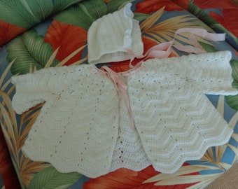 1960s Hand Crocheted White Sweater & Bonnet for Baby Girl