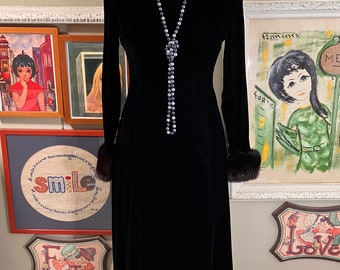 1960s Vintage Black Velvet Maxi Dress Fur Cuffs Long Sleeve Evening Gown Size S
