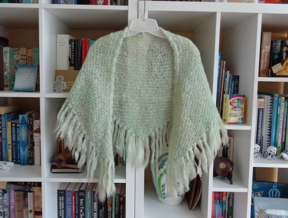 Mohair Shawl 1960's Pale Green Hand Crocheted  - - image 1