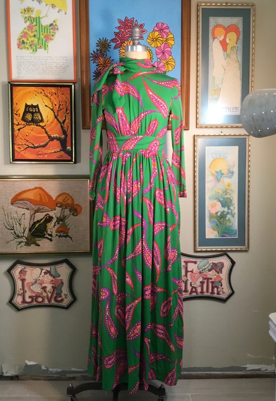 Lillie Rubin 1970’s Green Paisley Maxi Dress (sma… - image 2