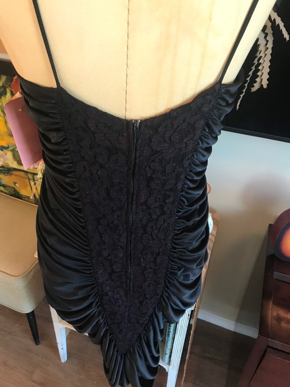 1980s Black Embroidered Ruched Dress - image 3