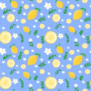 Puede incluir: Un patrón repetitivo de limones amarillos, rodajas de limón, flores blancas y hojas verdes sobre un fondo azul claro. Los limones están enteros y en rodajas, con un estilo acuarela. El diseño tiene un tema alegre y veraniego.