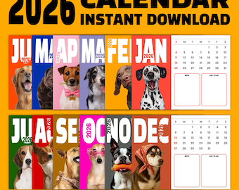 2026 Hundekalender Digitaler Download | Druckbarer Monatsplaner | Geschenk für Tierliebhaber | Sofort Download