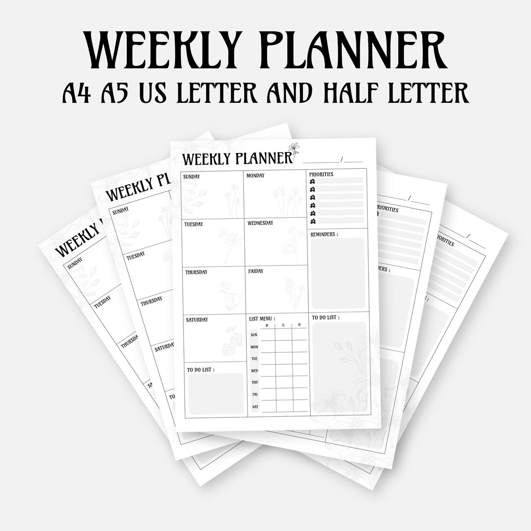 Minimalist Weekly Planner Printable, A4 A5 US Letter Half , Week on One ...