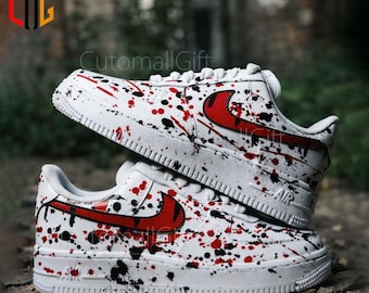 Black Red Drip Splatter Custom AF1 Sneakers, Hand-Painted Splatter, Personalized Shoes