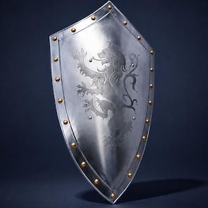May include: A polished silver-coloured metal heater shield featuring an engraved rampant lion design in the centre. The shield is bordered by a series of small, evenly spaced gold-coloured rivets along the outer edge, creating a defined metallic frame.