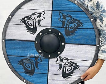 Wolf Design Viking Shield: Hand Carved Wooden Battleworn Shield
