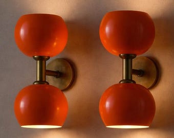 Vibrant mid - Century Morden Double Globe Wall Sconces - Orange Flared Shade