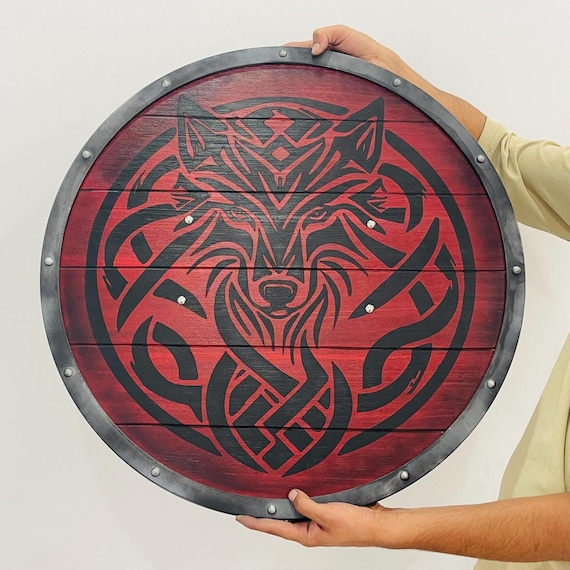 Fenrir Red Wolf Viking Shield: Battleworn Wooden Shield, 24 Inch