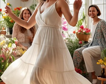 Op de afbeelding: Een vrouw in een witte jurk danst vrolijk, omringd door bloemen en groen. De afbeelding bevat de tekst "Menopause My Way: After the flashes comes the fire" en "(REDEFINING midlife with humor, HEART AND zero apologies)".