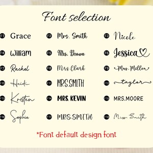 May include: A cream-colored graphic with a font selection guide. The text "Font selection" is at the top. Various names and titles are displayed in different font styles, with labels like "Grace" and "Mrs. Smith". The text "Font default design font" is at the bottom.