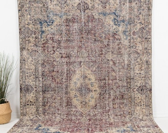 7x10 Turkish Rug - Purple, Beige - Vintage - 1970s - Oriental, Oushak - Wool, Cotton - Ideal for Living Room - Medallion - 6' 9" x 9' 10"
