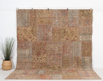 Tappeto vintage in lana 8x10, annodato a mano / Arancione antico patchwork turco 1970, soggiorno, sala da pranzo, arredamento boho, 8'2" x 10'0"