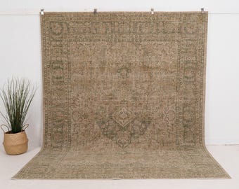 8x10 Green Turkish Rug, Neutral Wool Rug, Wool Area Rug for Living Room, Oriental Oushak Rug, Area Carpet for Farmhouse Decor, 7&#39;10&quot; x 9&#39;10&quot;