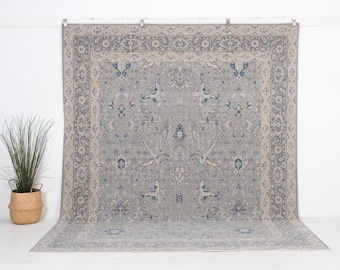 Tappeto turco in lana 8x10 / Blu neutro, arredamento rustico per soggiorno, sala da pranzo, 7'10" x 10'0"