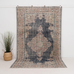 6x9 Blue Vintage Turkish Hand-Knotted Rug | Blue Wool Area Rug, Unique Oriental Oushak Carpet, Antique Carpet for Farmhouse Decor