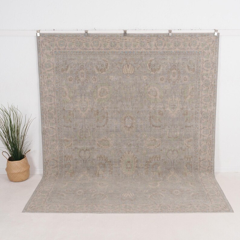 Alfombra turca azul de 8 x 10, alfombra neutra de lana para sala de estar, alfombra oriental, alfombra Oushak, alfombra grande para decoración rústica, 7'11 x 9'11 imagen 11