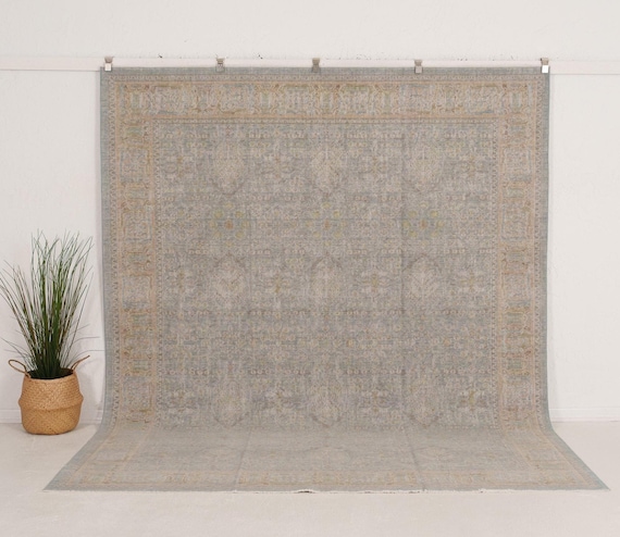 Turkish Wool Rug 8x10 Machine-woven, Blue Beige | Oushak Area, Living Room Bedroom Farmhouse Decor, 7'11" x 9'11"