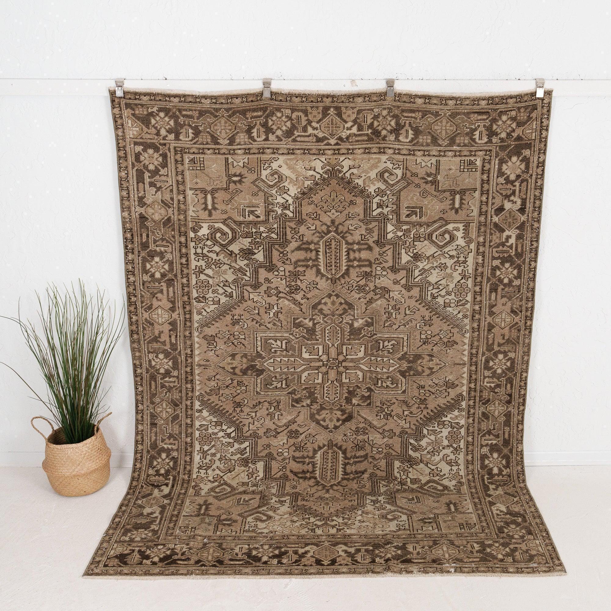 7x9 Brown Vintage Rug, Handmade Rug, Wool Area Rug for Bedroom
