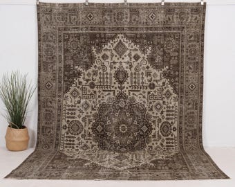 Tappeto vintage in lana 7x11, annodato a mano / Marrone, antico, zona Oushak, anni '40, soggiorno, camera da letto, arredamento rustico, 7'5" x 10'11"
