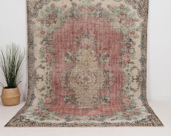 7x10 Red Vintage Turkish Handwoven Rug | Red Wool Area Rug for Office, Unique Oriental Oushak Rug, Antique Rug for Home Decor
