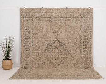 Neutral Turkish Rug, Large Area Rug for Living Room, Bedroom, Unique Oriental Rug, Oushak Carpet, Farmhouse Decor, 6x9, 8x10