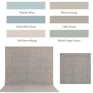 May include: A rectangular area rug featuring a muted blue and beige geometric pattern. The image includes a color palette chart with labels: Powder Blue, Warm Greige, Faded Blue Gray, Light Taupe, Soft Stone Beige, and Muted Sage Green.