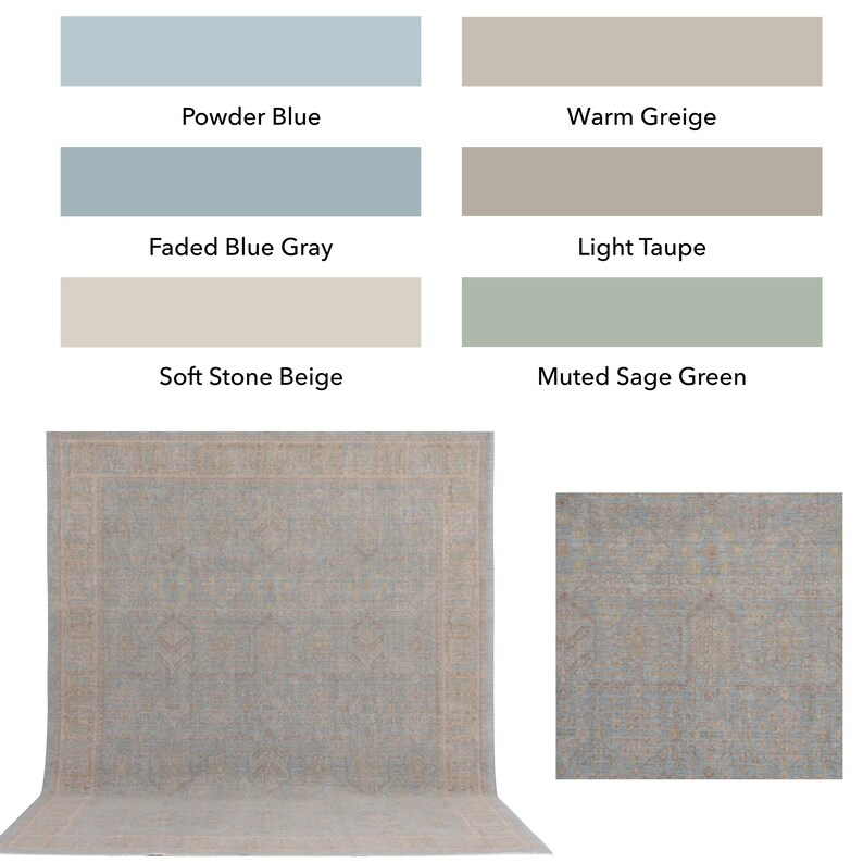 May include: A rectangular area rug featuring a muted blue and beige geometric pattern. The image includes a color palette chart with labels: Powder Blue, Warm Greige, Faded Blue Gray, Light Taupe, Soft Stone Beige, and Muted Sage Green.