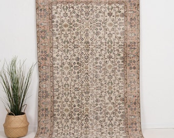 5x8 Beige Vintage Turkish Handmade Rug | Beige Wool Area Rug for Office, Unique Oriental Oushak Carpet, Antique Carpet for Farmhouse Decor