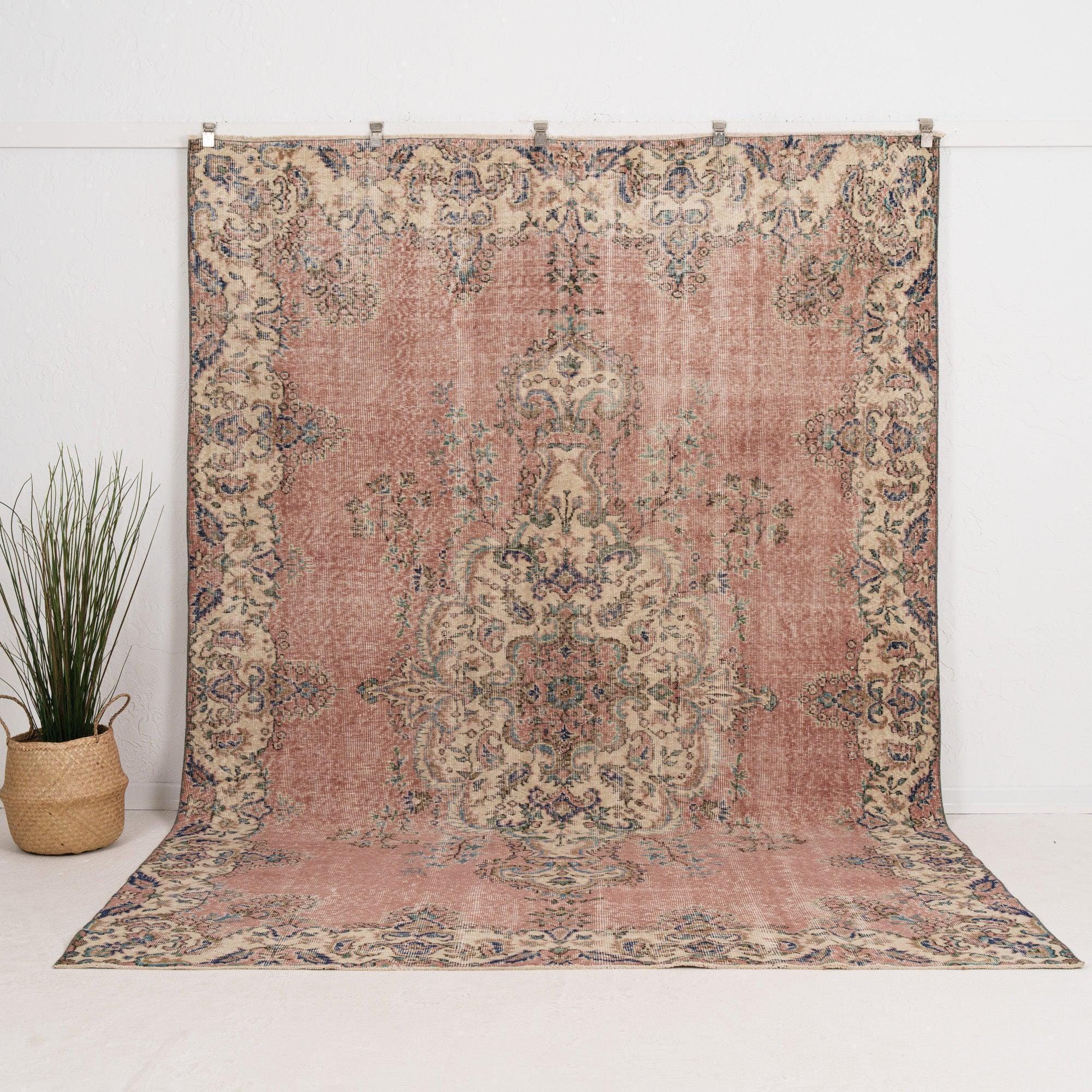 7x10 Beige Vintage Turkish Handmade Rug | Beige Wool Area Rug, Unique Oriental Oushak Rug, Antique Rug for Interior Design