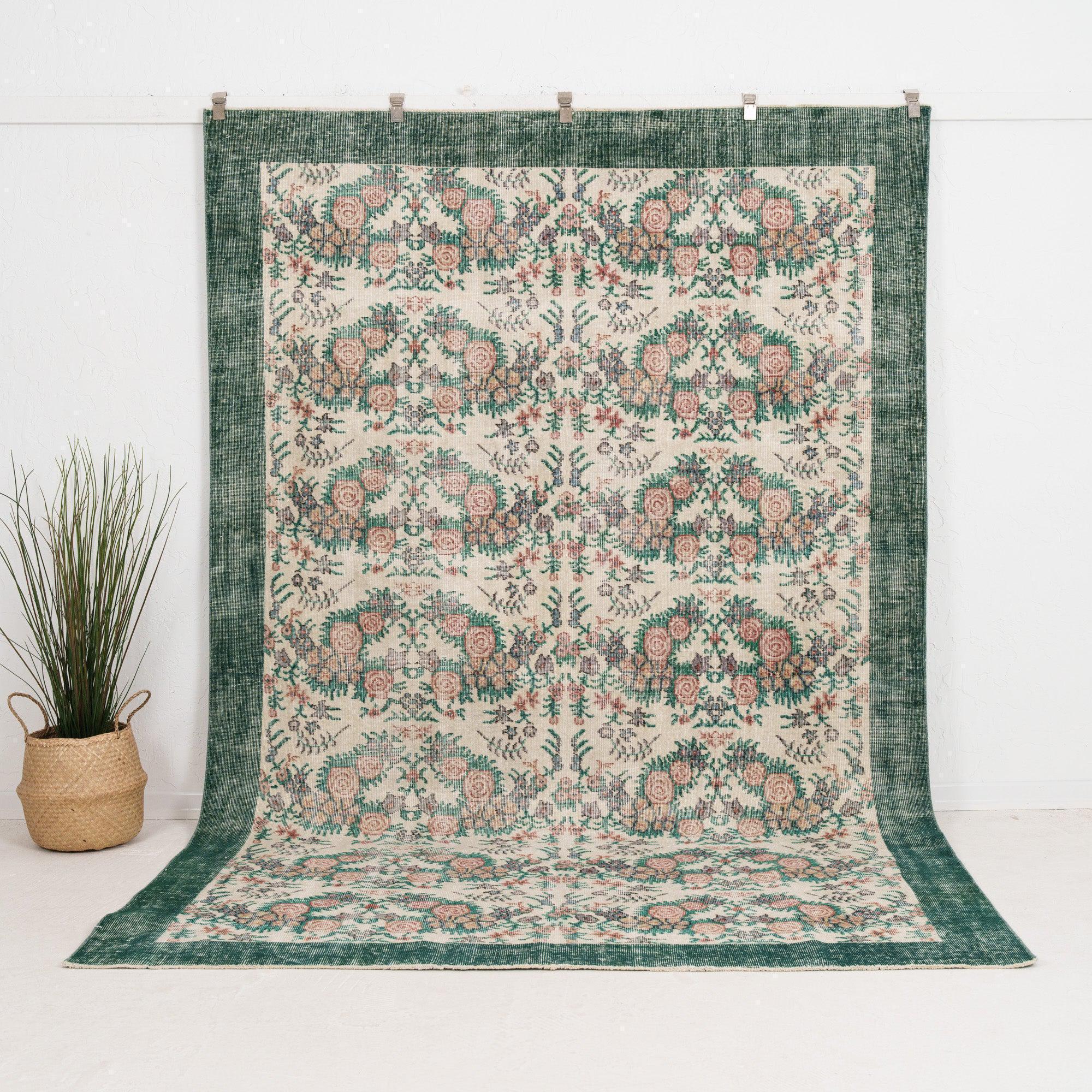 7x10 Green, Beige Vintage Turkish Handwoven Rug | Beige Wool Area