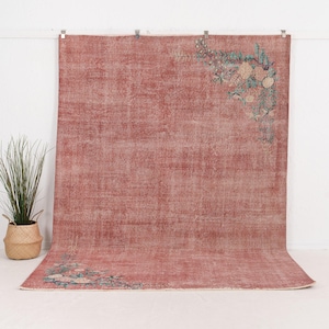 7x10 Wool Rug, Pink Turkish Rug - Rose, Pink - Vintage Oushak - Living Room Bedroom Dining Room - Oriental - Floral - Boho Decor - 7&#39; x 9&#39;9&quot;