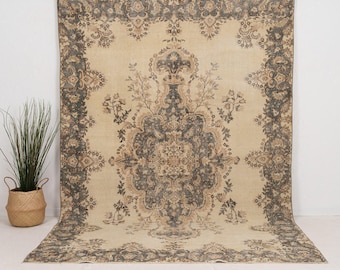 7x10 Beige Vintage Turkish Handmade Rug | Beige Wool Area Rug, Unique Oriental Oushak Rug, Antique Rug for Interior Design