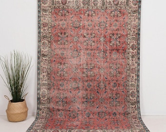 5x9 Red Vintage Turkish Hand-Knotted Rug | Red Wool Area Rug for Living Room, Unique Oriental Oushak Rug, Antique Rug for Farmhouse Decor