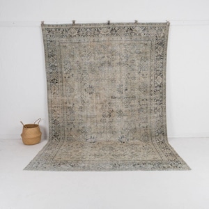 7x10 Beige Vintage Persian Hand-Knotted Rug - 7x10 Wool Area Rug for dining room, Vintage Wool Rug, Antique Carpet for Farmhouse Decor