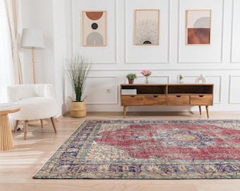 7x10 Red Vintage Rug, Turkish Handwoven Rug | Wool Area Rug for Living Room - 1970s - Oriental - Oushak, - Antique Rug for Farmhouse Decor