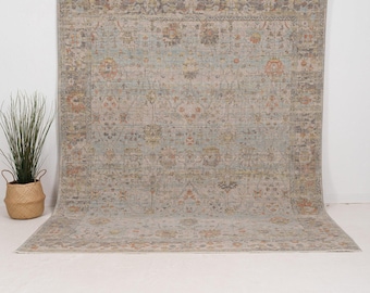 Turkish Area Rug | Blue Wool Area Rug for Living Room, Unique Oriental Rug, Neutral Rug, Oushak Rug, Large Area Rug for Boho Decor