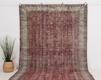7x10 Red Vintage Rug, Turkish Hand-Knotted Rug, Wool Area Rug for Living Room, Unique Oriental Rug, Oushak Rug, Antique Rug for Boho Decor