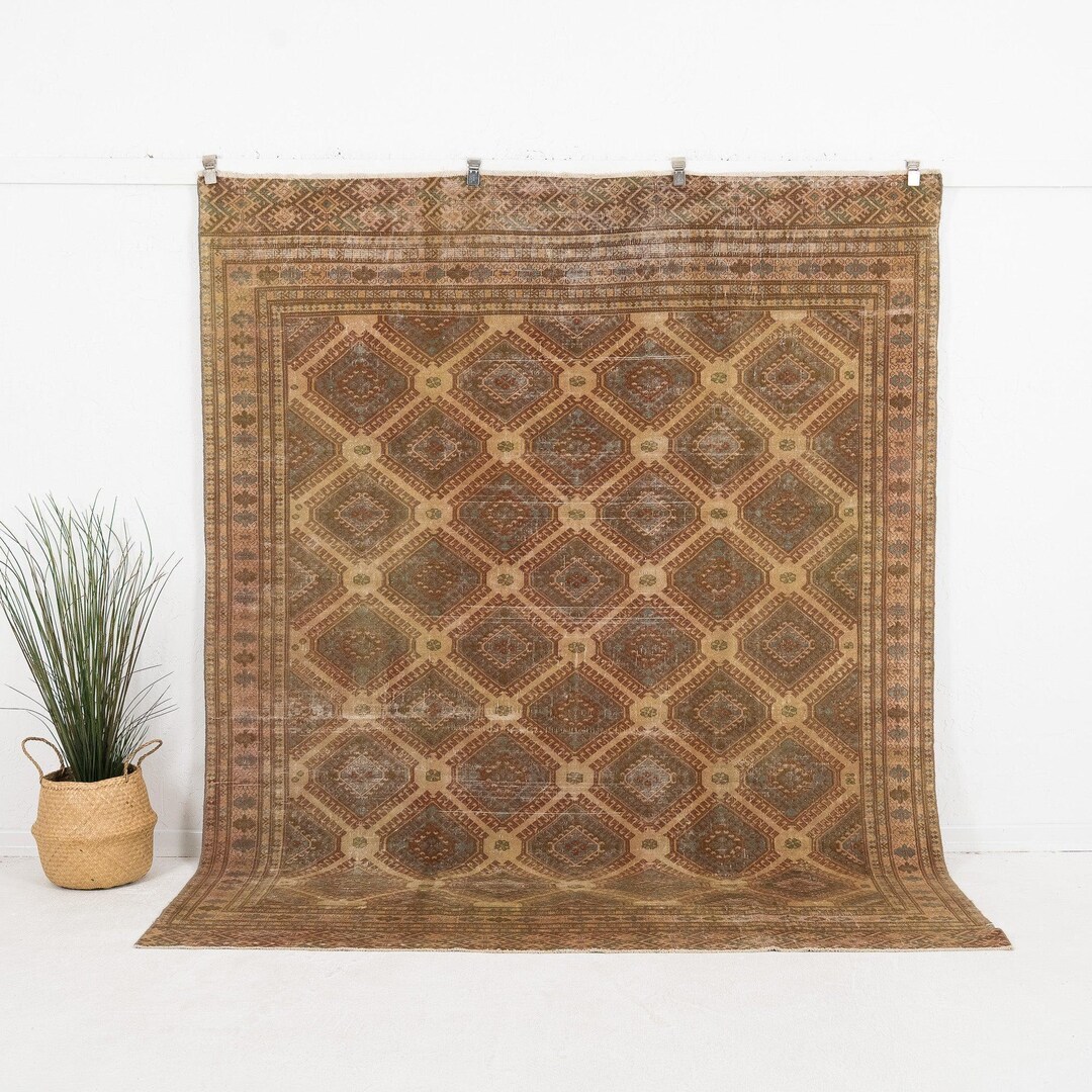 7x9 Wool Rug - Beige, Blue - Vintage, Turkish, Oushak - Rug for Living ...
