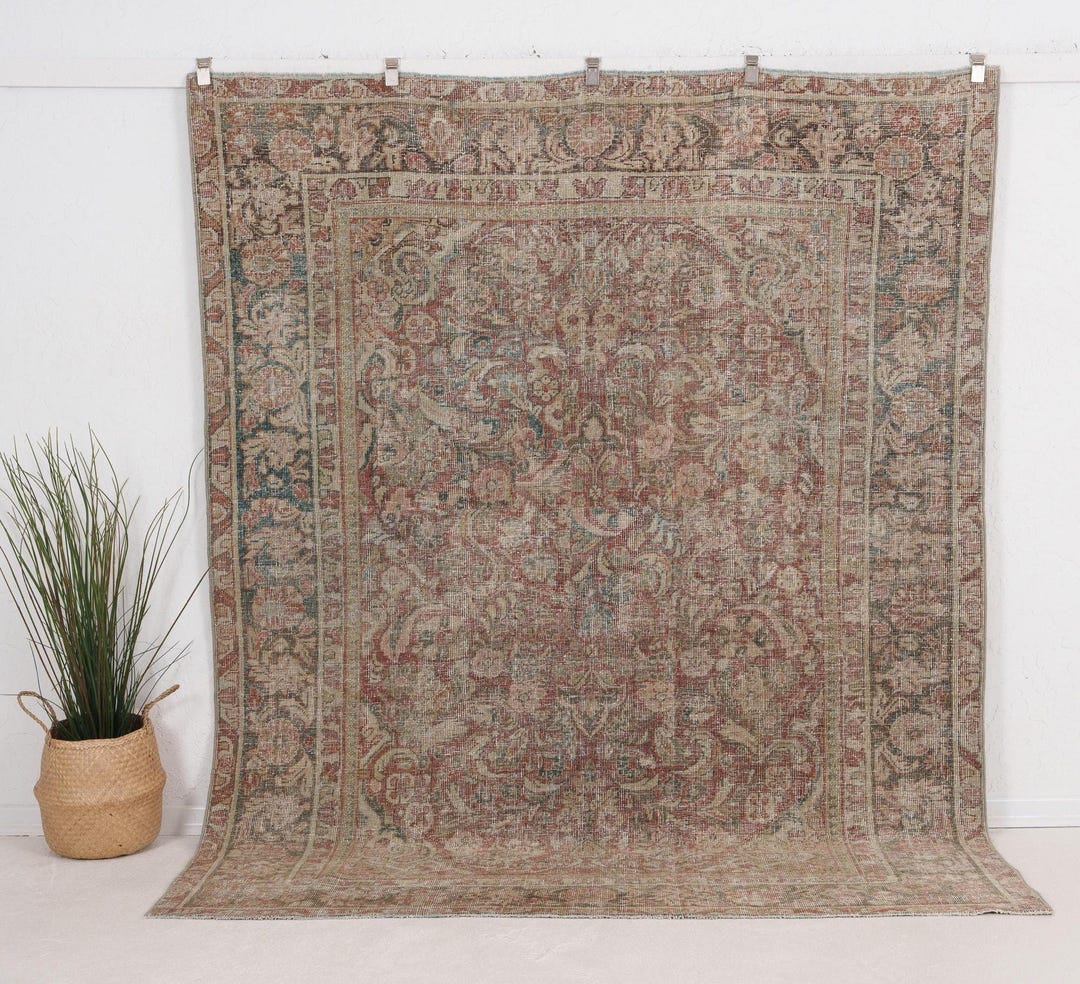 Vintage Wool Rug 7x9, Handwoven | Red Antique Oushak Area 1900s, Living ...