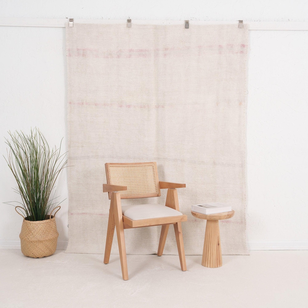 Vintage Turkish Rug 5x7, Handwoven | White Wool Antique Hemp 1970s ...