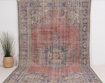 Tappeto turco vintage 7x11, tessuto a mano / lana rossa, Oushak antico anni '70, arredamento rustico per soggiorno e camera da letto, 7'0" x 10'11"