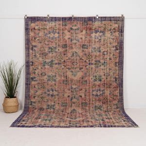 7x10 Pink Vintage Turkish Hand-Knotted Rug | Pink Wool Area Rug, Unique Oriental Oushak Carpet, Antique Carpet for Interior Design
